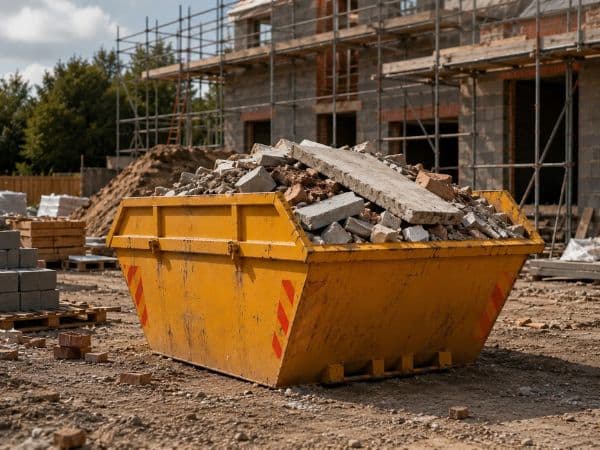 Large builder's skip at a commercial construction site near Stafford