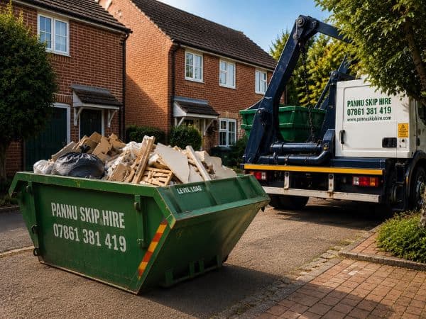 Domestic skip on a home driveway during a renovation in Stafford
